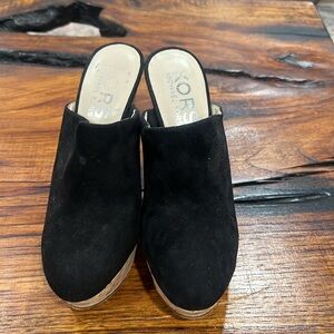 KORS Michael Kors Black Suede Mules with Cork Platform Heels